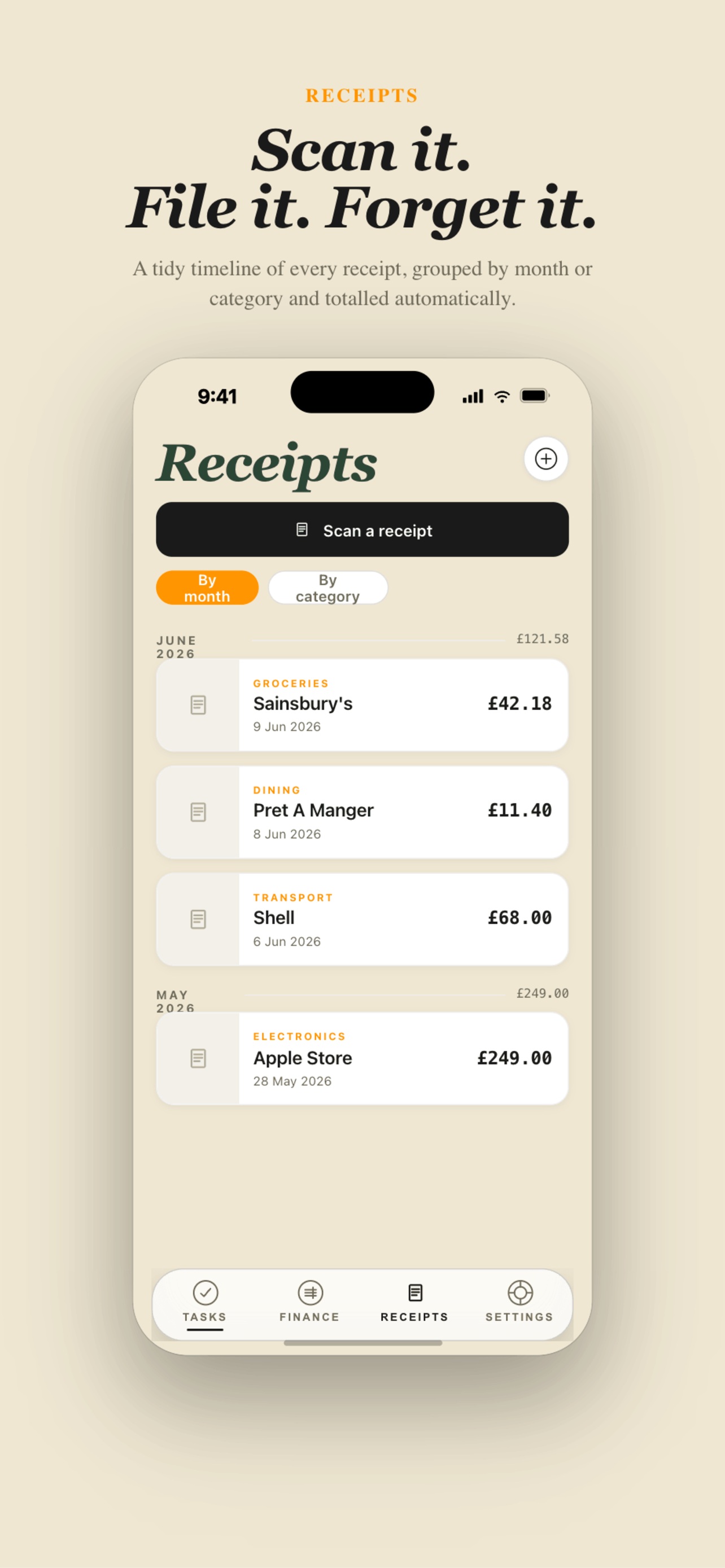 Receipts — scanned, read on-device, filed by month
