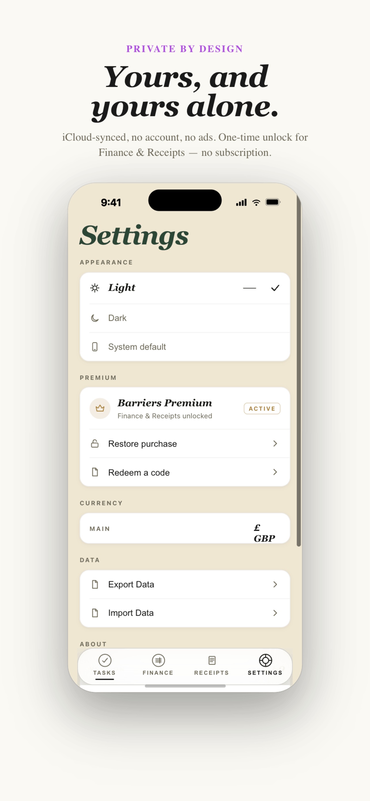 Settings — typeset like a masthead