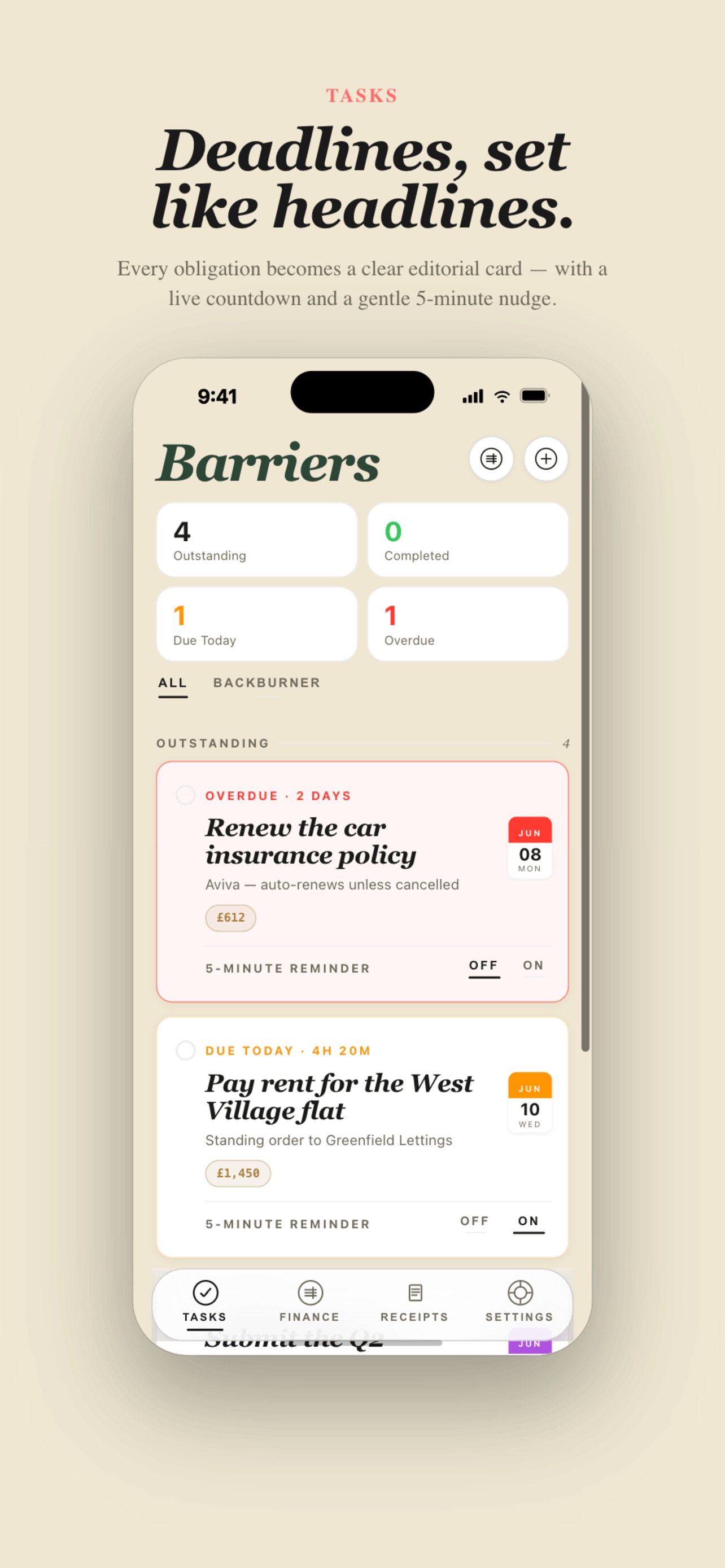 Tasks — deadlines set like editorial headlines with a live countdown